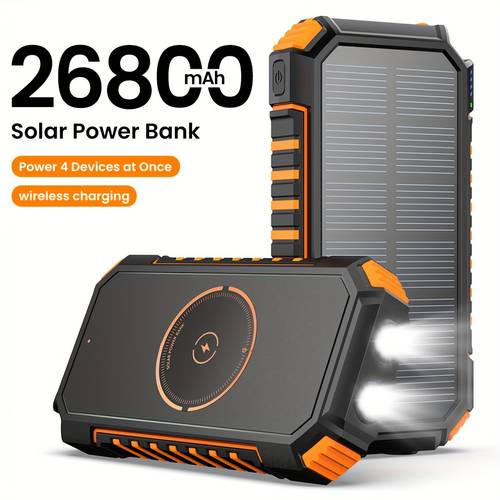 solar power bank 26800mah with wireless charging portable solar power bank fast charge solar phone charger power bank with dual led flashlights dustproof compatible with all mobile devices