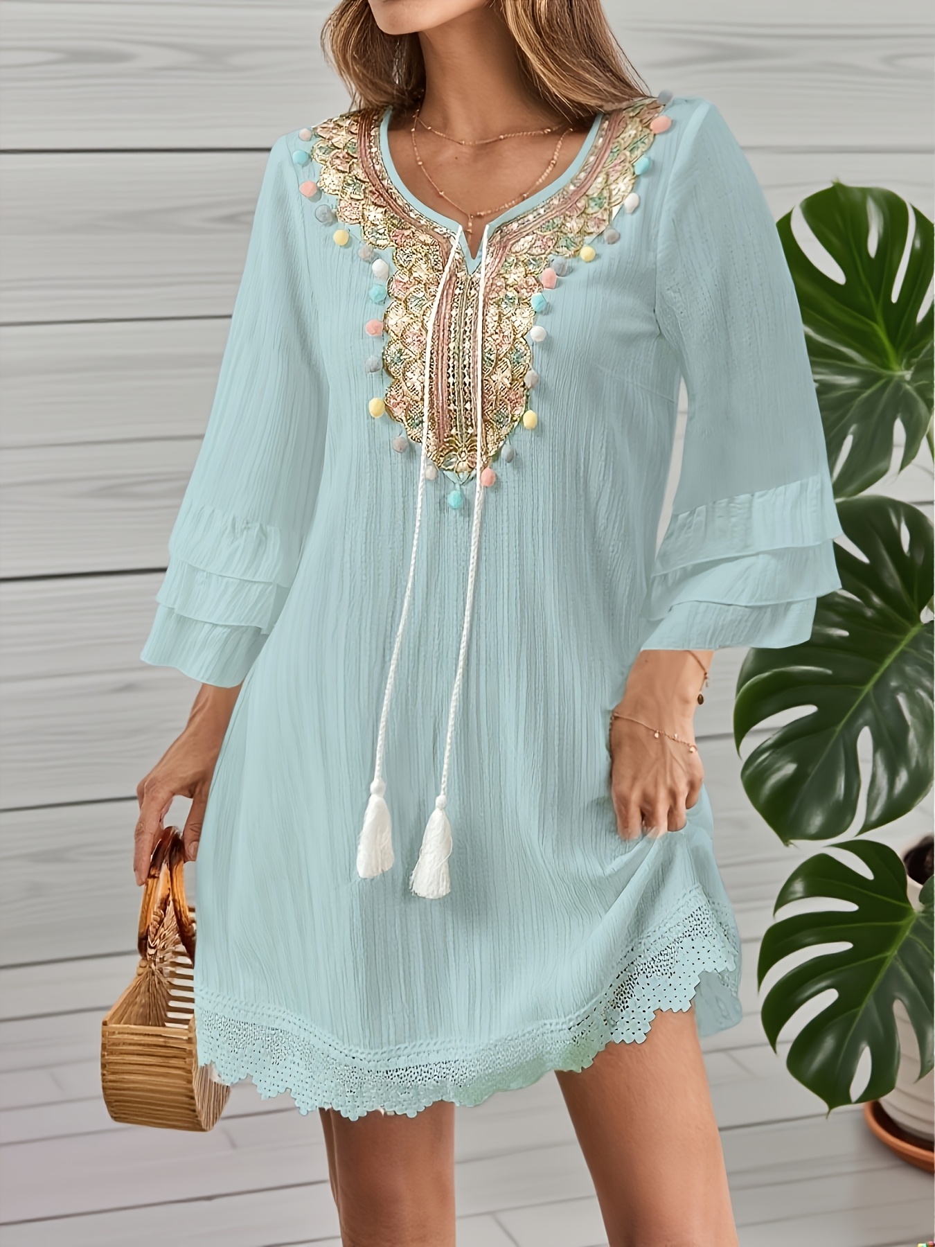 womens elegant notched v neck long sleeve dress colorful pom - Temu Oman