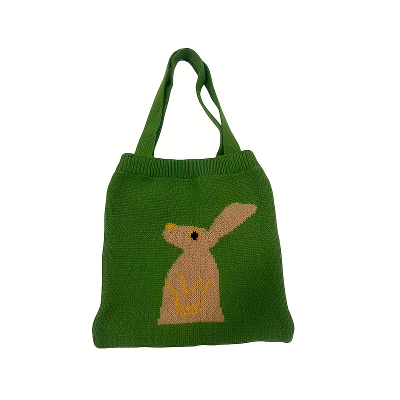 Image of 1pcgreen Knitted Plush Rabbit Handbag, Fashionable Head Up Rabbit Knitted Bag, Portable Shopping Shoulder Bag, Autumn/winter Single Shoulder Handheld Shopping Bag