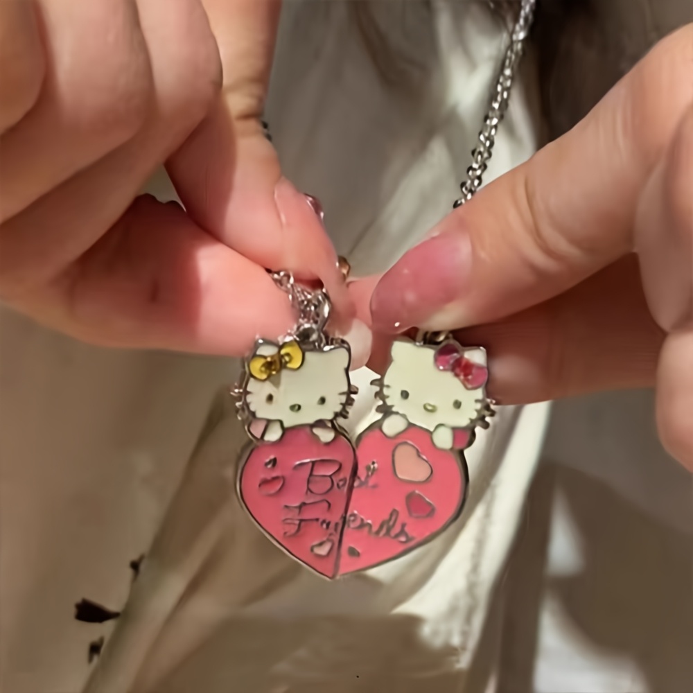 TEMU Officially Licensed Dolls 2pcs Hello Kitty Heart-shaped Enamel Pendant Necklace, Cute Cartoon Alloy Necklace, Ideal Gift For , Daily Wearing