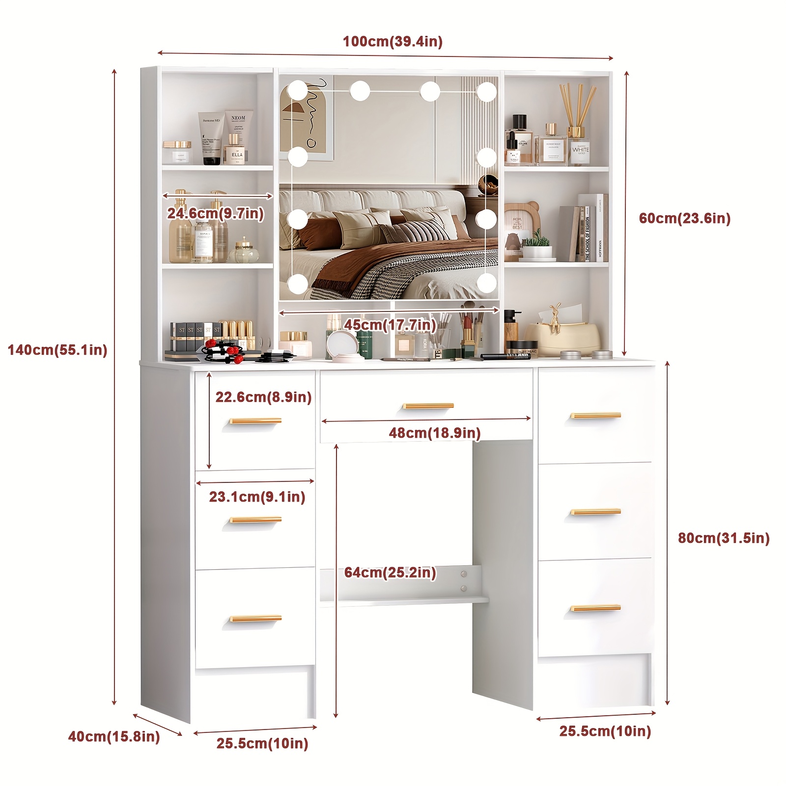 modern white solid wood dresser with drawers illuminated vanity     adjustable lighting   large capacity storage functional fashion dresser for ladies   for birthday gifts   local warehous Product details 4