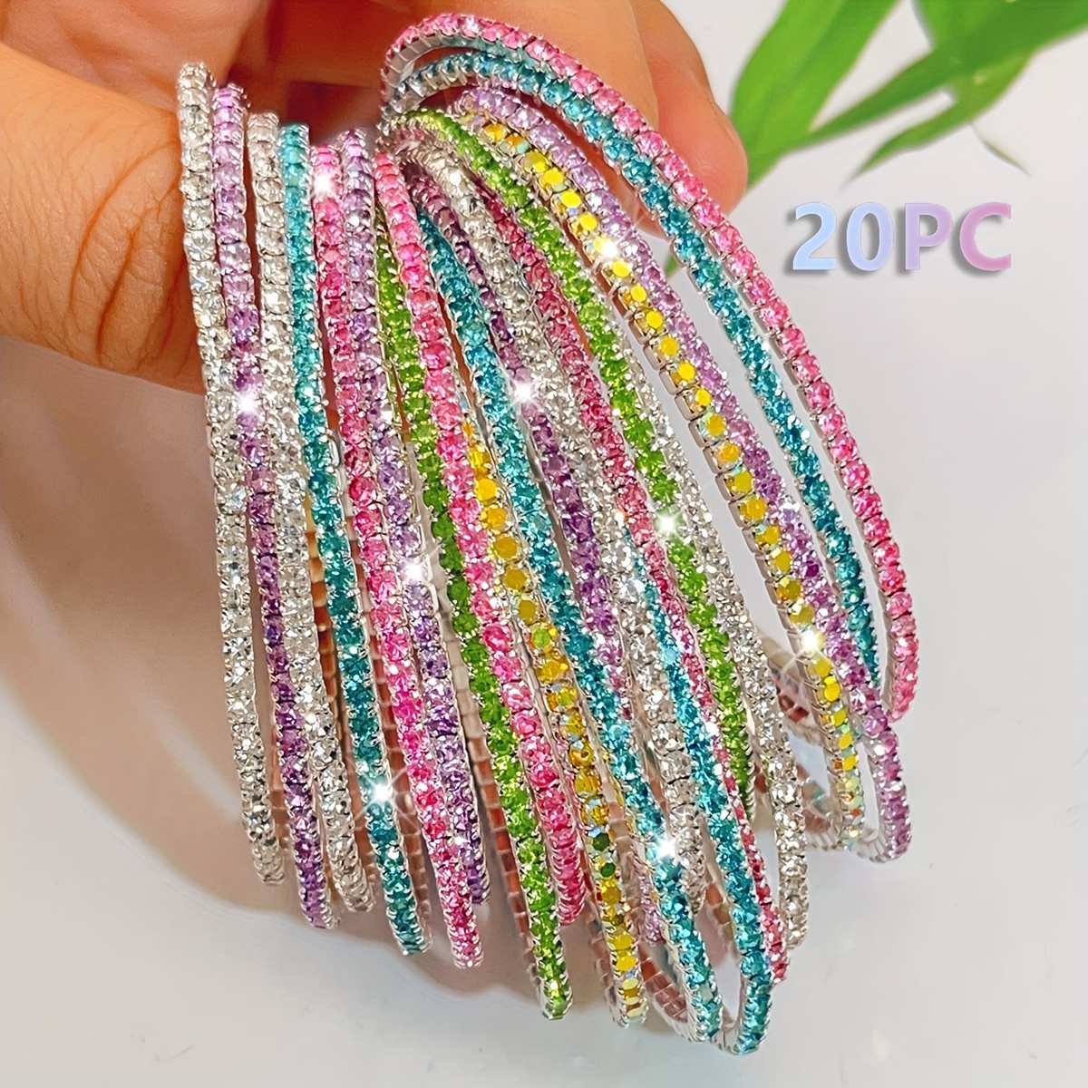 Image of 10/12/20pcs Spring Series Rhinestone Ultra-thin Sparkling Pink Purple Women's Elastic Bracelet
