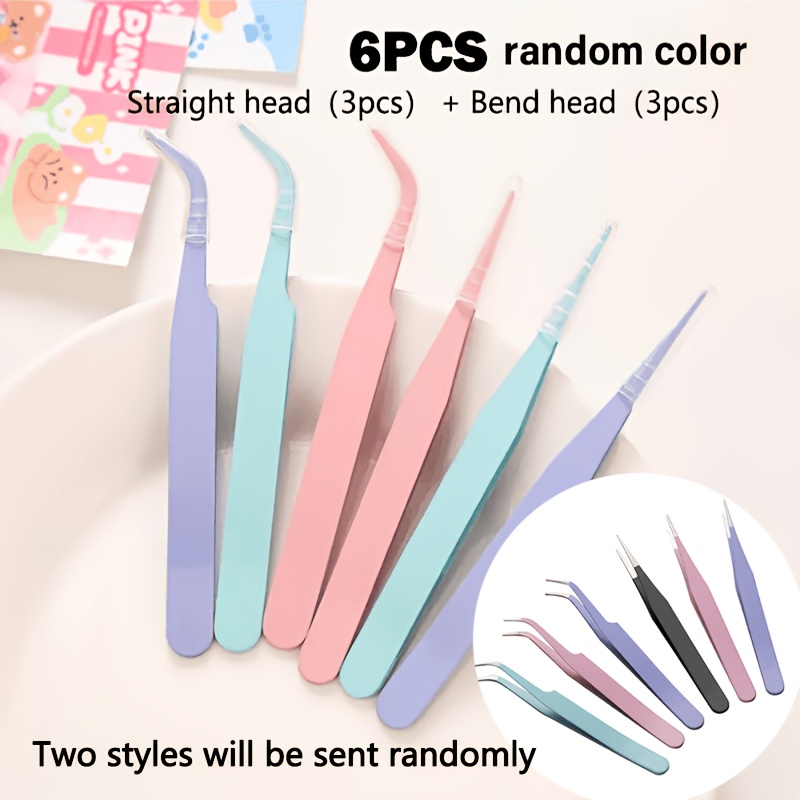 TEMU 6pcs Mixed Set Of Straight-tip And Curved-tip Tweezers, Colored Pointed Curved Tweezers, Eyelash Curler, And Handmade Journaling Tweezers.