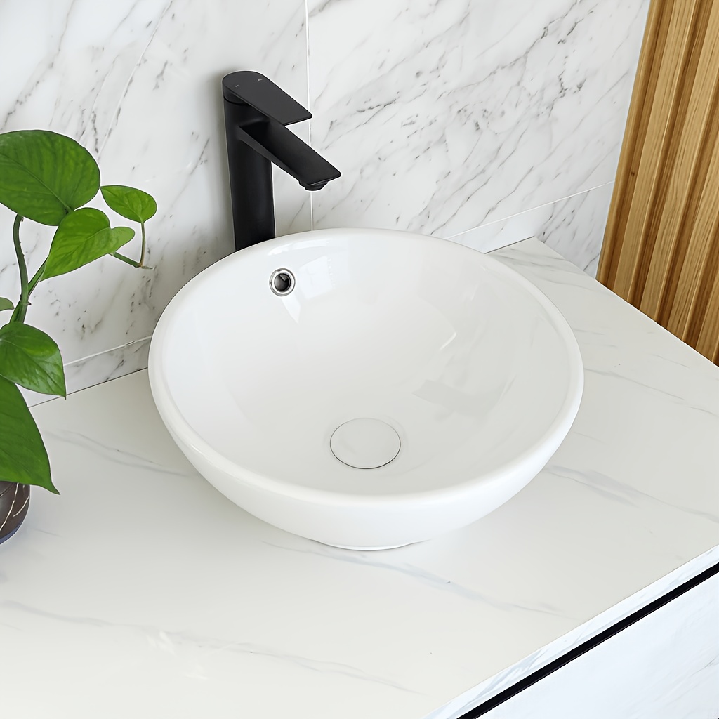 Image of 41cm Round White Ceramic Vessel Sink - Modern 1pc Bathroom/ Sink Suitable For Bathrooms & Sinks, Overflow Hole Design, - Ceramic Basin (faucet & Drain Not Included)