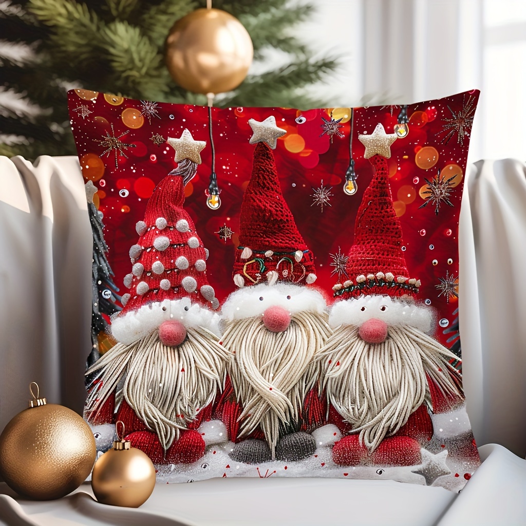 

1pc Contemporary Style Christmas Gnomes Throw Pillow Cover, Hand Wash Only, 17.7" X 17.7", Digital Printed Single Sided Design With Zipper Closure, Suitable For Sofa & Home Decor, Polyester, No Insert