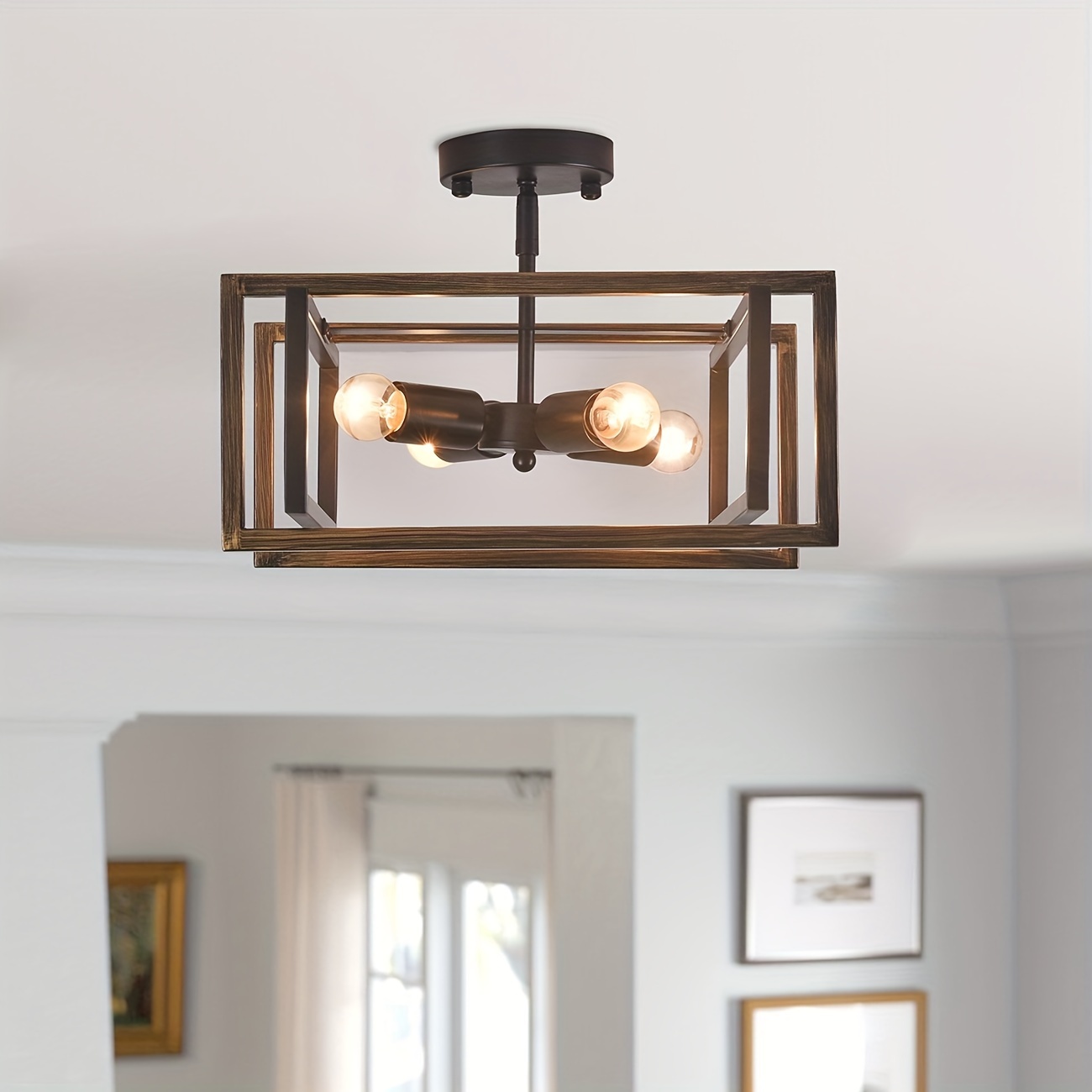 

Farmhouse 4-light Brown Rectangular Semi Flush Mount Ceiling Light