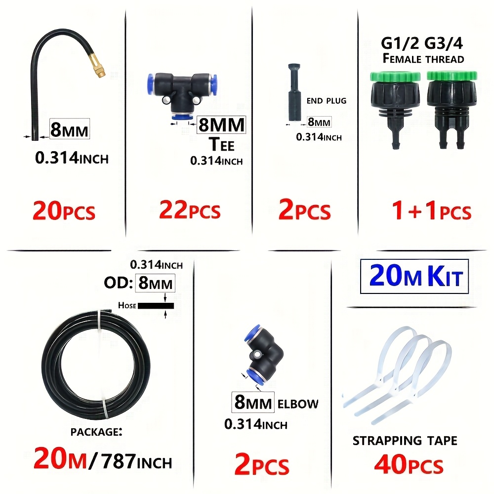 10-20m Outdoor Patio Misting Cooling System Adjustable Mist Nozzle Garden Irrigation Watering 8mm Brass Atomizer Nozzles Connector Kit Greenhouse Lawn Farm Industrial Dust Removal