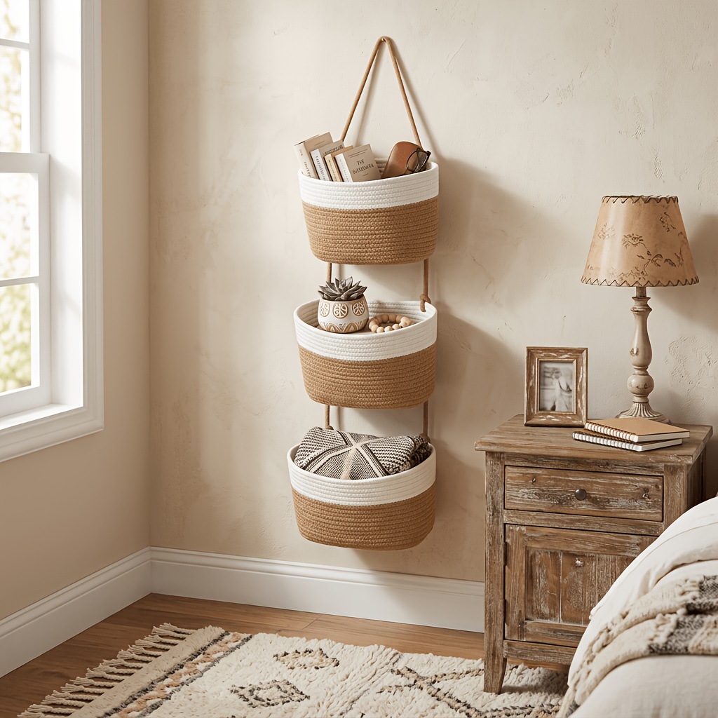 TEMU 3-tier Bohemian Style Neutral- Hanging Basket - Woven Rope Wall-mounted Storage Rack With Space- Vertical Shelves, Bohemian Aesthetic For
