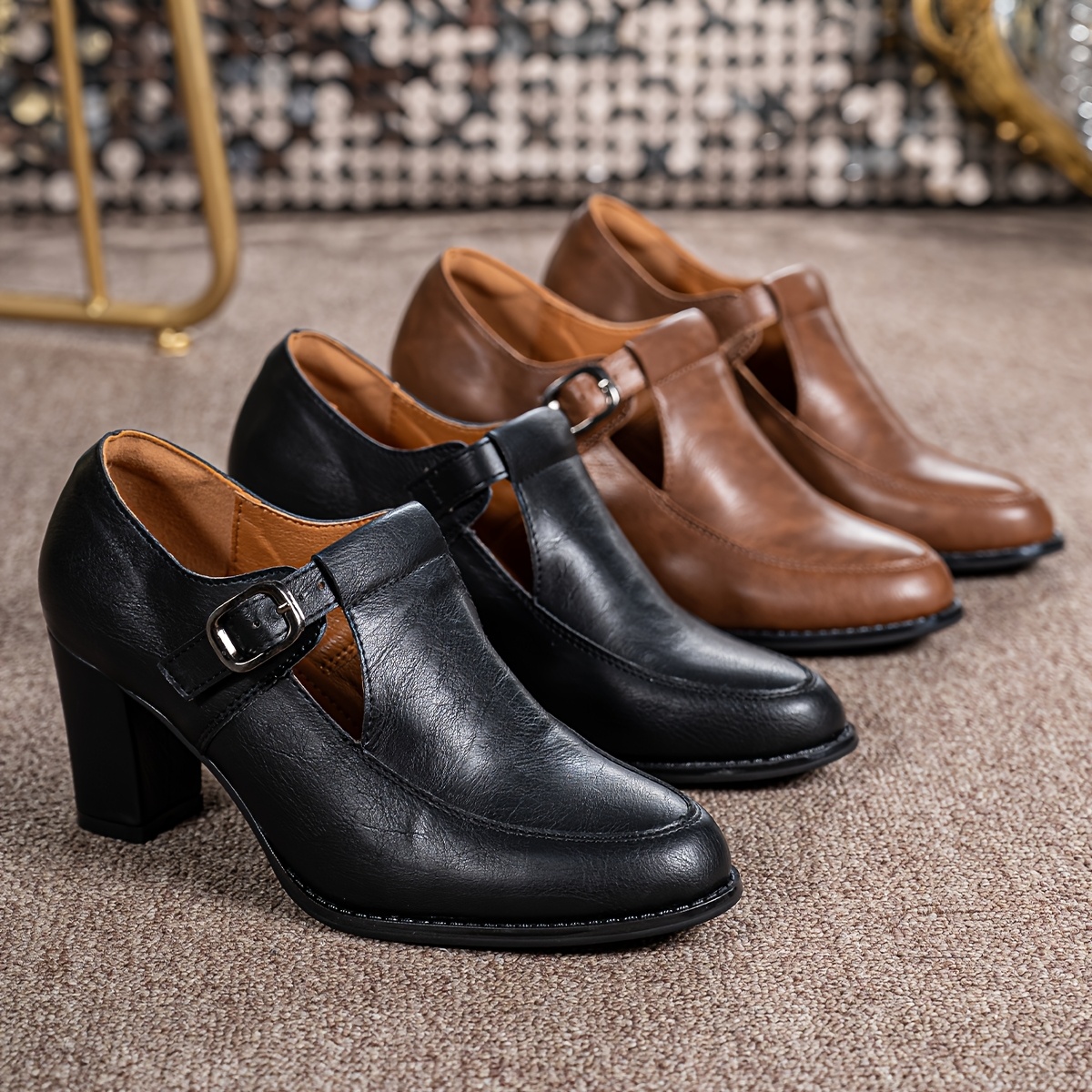 

Elegant British-inspired Chunky Heel Pumps With Detail - Fashionable Round Toe, Non-slip Sole For Parties & Casual Wear