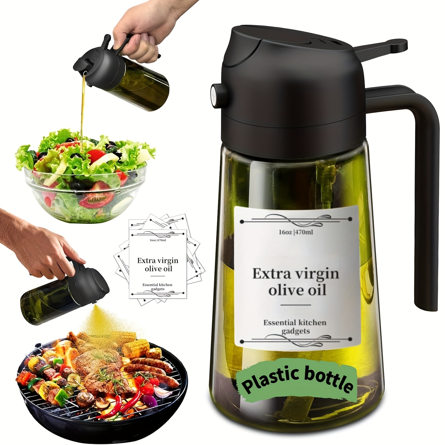 Image of 2-in-1 Premium Dark Green Olive Oil Dispenser Bottle, 16oz/470ml Oil Sprayer For Cooking With 6 Stickers - An For Bbqs, Rvs, Kitchens, Air Fryers, Etc. | Great For Christmas Gifts