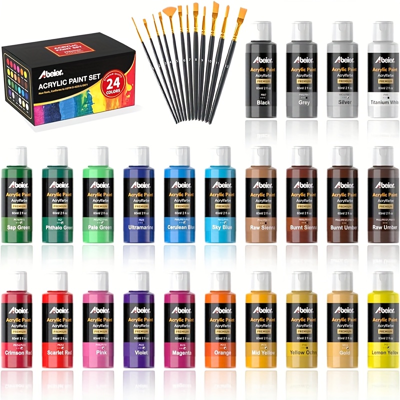 TEMU Set de peinture acrylique ABEIER 24 couleurs (60 ml ) et 12 pinceaux, peinture acrylique de qualité supérieure, non et résistante à la