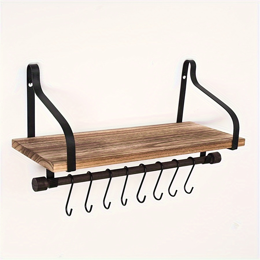 Floating Shelf, Rustic Wood Shelf With 8 Hooks, Coffee Bar Display Shelf, Kitchen Spice Rack, Floating Shelves