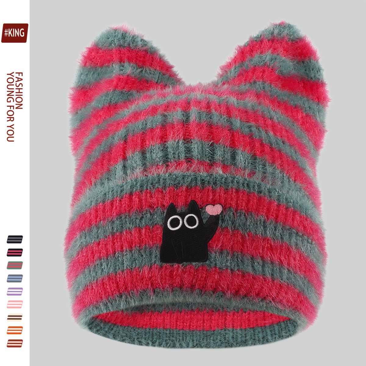 TEMU 1pc Heart- Big- Black Cat Thick Plush Cat Ear Hat, Urban Cartoon , Fluffy Brimless Hat For Men, Women, And Teens, Outdoor Trendy Skateboard Hat,