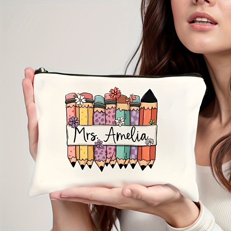 TEMU Customized Name Zipper Makeup Bag, A Cute And Portable Storage Pouch, Perfect For Teacher's Day, Valentine's Day, Halloween, Thanksgiving, And