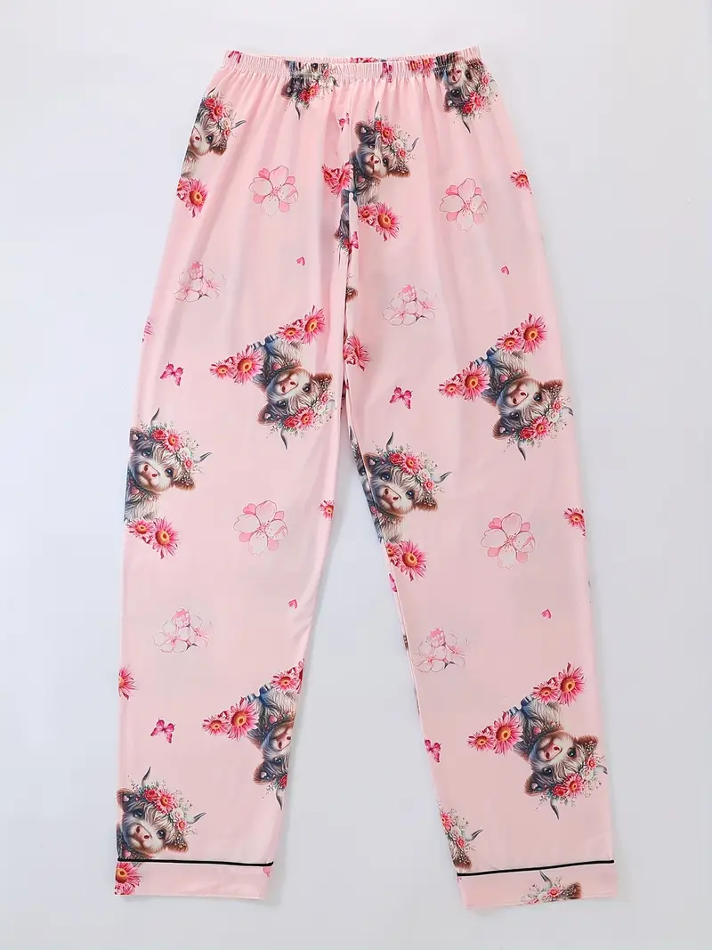 a set of three pink floral print pajamas for women featuring a comfortable long sleeve button up shirt and loose elastic shorts and pants casual outdoor wear and home lounging in Product details 2
