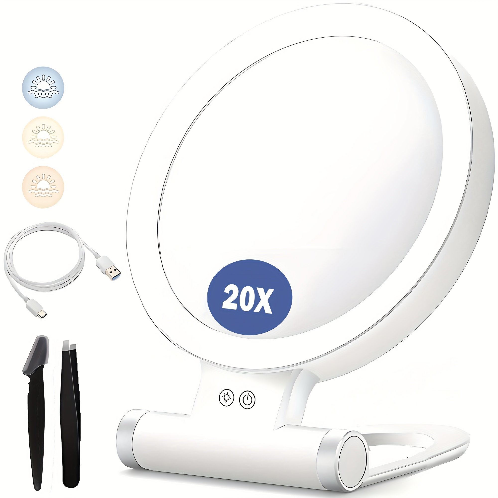TEMU 20x Magnifying Makeup Mirror, Double-sided 1x/20x Vanity Makeup Mirror With 3 Colors Light And 3 Adjustable Brightness, Cosmetic Mirror Comes