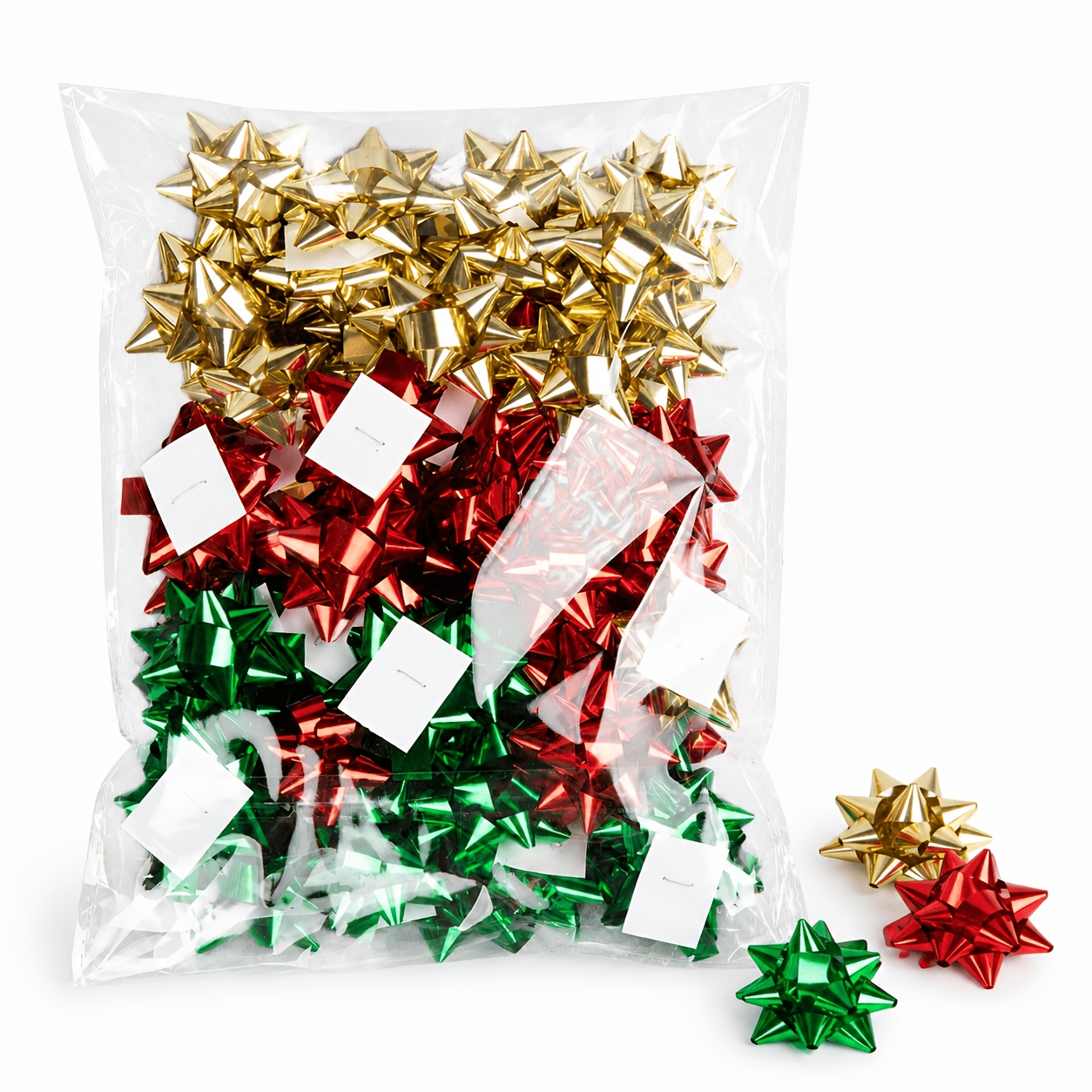 TEMU 45 pezzi - Mini fiocchi natalizi da 1,5 pollici (oro, , verde) con stella e fiori in plastica glitterata, per compleanni, matrimoni, Natale,