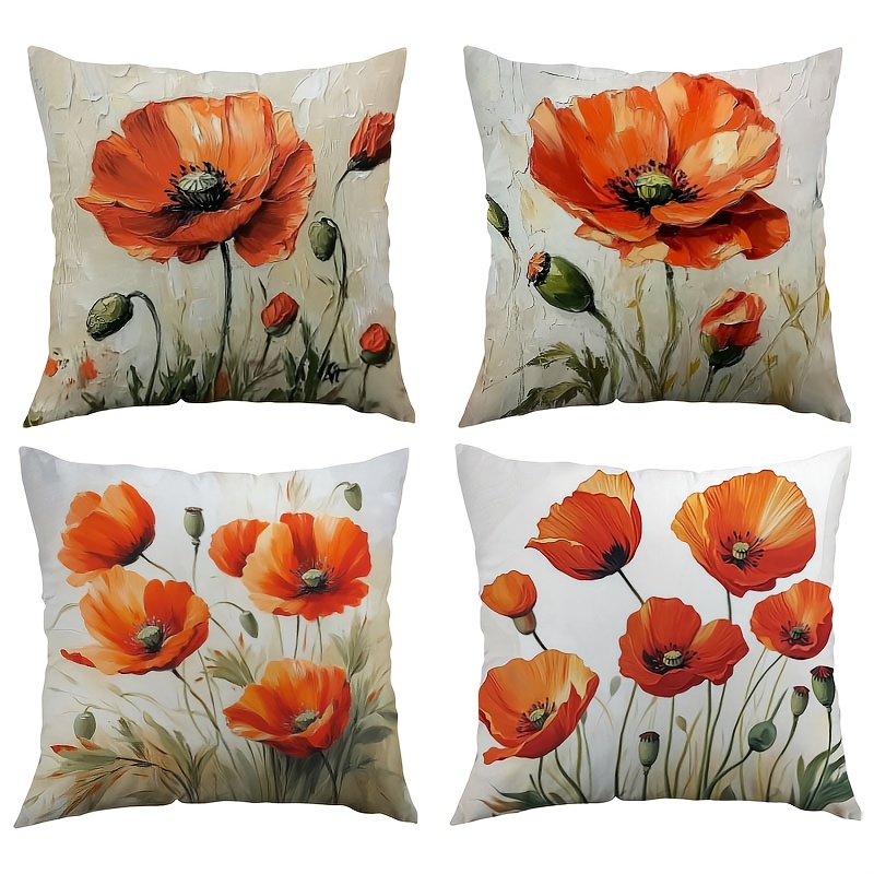 TEMU Set Of 4 Oil Painting Designed Red Poppy Floral Single-sided Printed Pillow Covers - Suitable For Sofas, Outdoor Benches, Patios, Gardens,