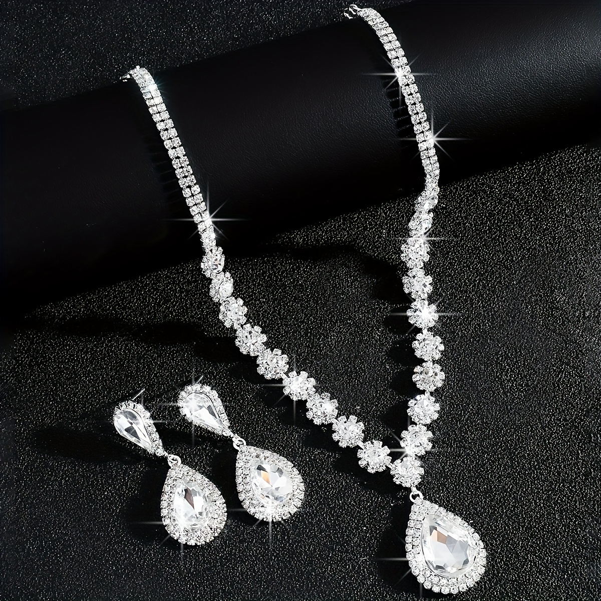 Crystal Flower Water Drop Necklace Earrings Set Bridal Accessory