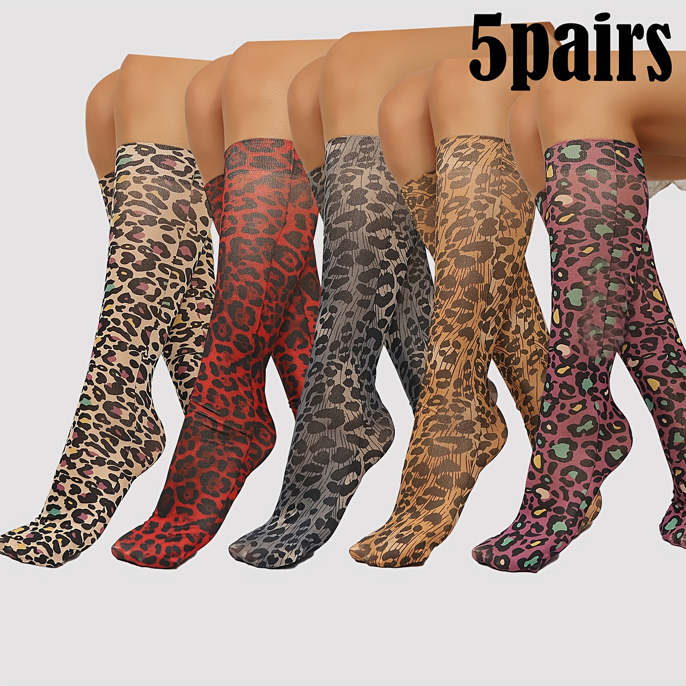 TEMU 5-pair Pack Suitable For 's Leopard Print Compression Socks - High-stretch Mid-calf Calf-length Athletic Socks, Unisex Couple's Matching For,