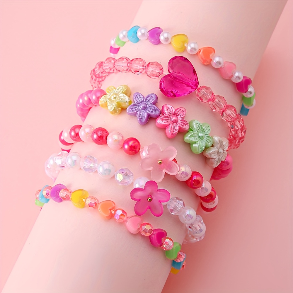 TEMU Lot de 6 bracelets extensibles à perles colorées de fleur et cœur. Idéal pour les fêtes et festivals musicaux. Un pour filles et petites-filles