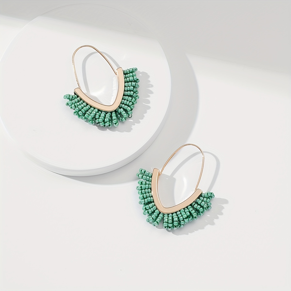 TEMU 1 Pair Chic Handcrafted Beaded V-shaped Earrings, Fashionable Bohemian Style Jewelry For Women, Resin , Alloy Base, Stainless Steel Post, For Vacation And All