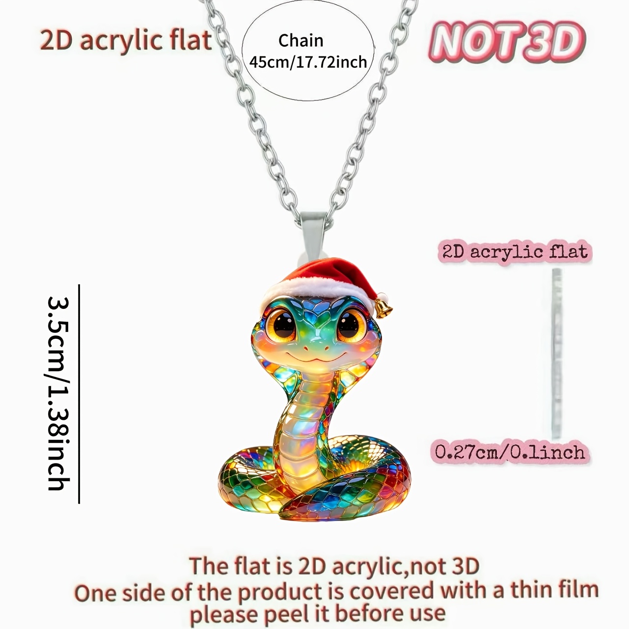 2D Flat Acrylic Snake Santa Hat Necklace, Fun Gift Idea