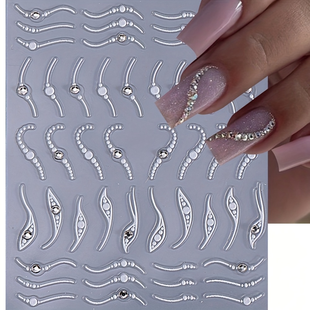 1pc Elegant 3d Nail Art Stickers With Crystal Rhinestones | Self-adhesive, Matte End, Featuring Arc Stripes And Swirl Patterns | Ideal For Artistic