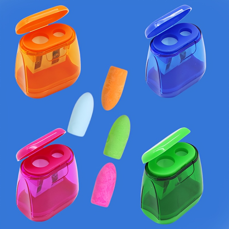 TEMU 8pcs Pencil Sharpener Set, 4pcs Dual-hole Manual Sharpeners With Pencil Shavings Boxes And 4pcs Pencil Top Erasers, Suitable For Regular And