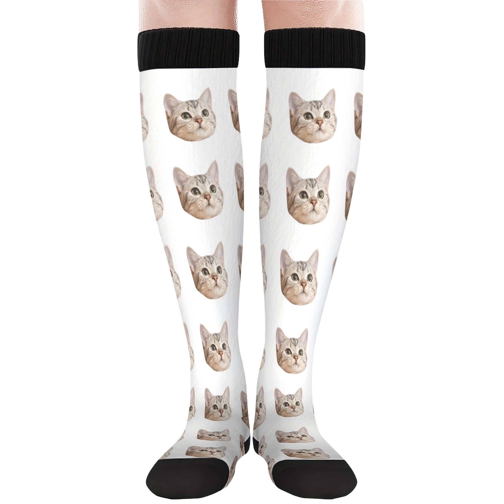 TEMU Custom Photo Personalized Knee-length Socks - 100% Polyester Elegant Calf Socks For Couples - Machine Washable, Knit Fabric Solid , Unisex Plus