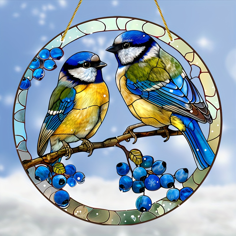 

Elegant Blue Tit Bird Suncatcher 8-inch - Stained Glass Style Acrylic Window Hanging, Circular Ornament For Home & Garden, Ideal Birthday Gift For Nature Lovers, Pre-drilled Weather Resistant Decor