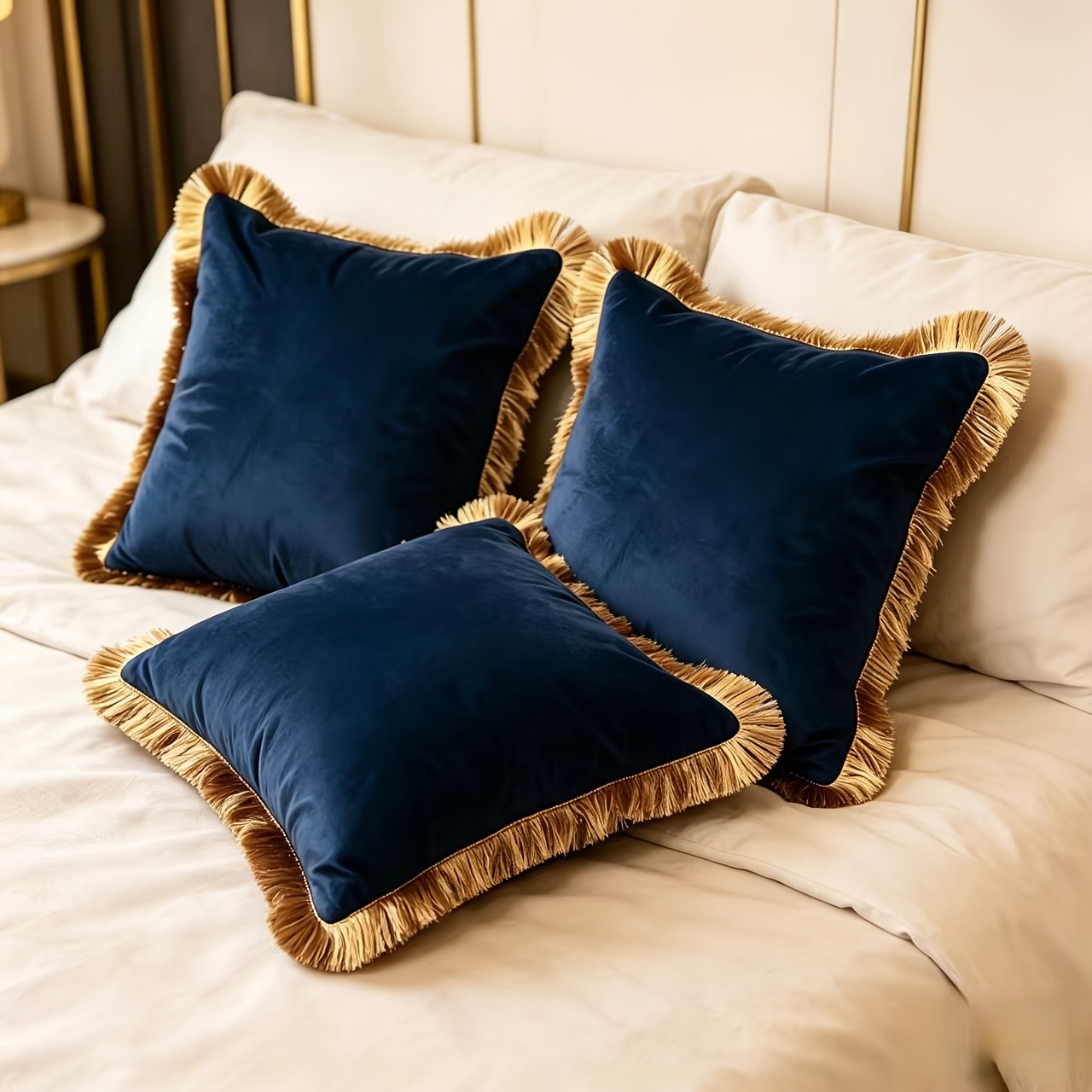 TEMU 3pcs Set Of Golden Tassel Edge Pillowcases, Fresh And , Soft Fabric, Removable And Machine Washable With Zipper Closure, Ideal For Bed And Sofa
