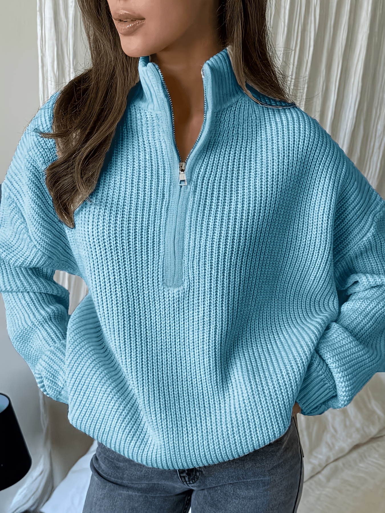 Women's Half-Zip Stand Collar Sweater, Loose Fit