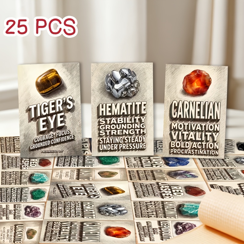 TEMU 25pcs Crystal Themed Gift Enclosure Cards, Daily Spiritual Cards, Crystal Cards, Chakra Stone Meaning Cards, Spiritual Crystal Reference Cards,