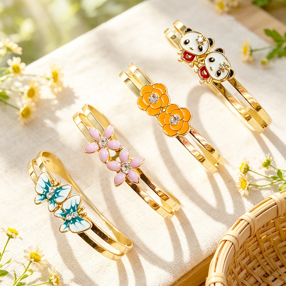 TEMU 4pcs Cute Little Animal Small Flower Bracelet Set, Holding Hands Panda Bracelet Sunflower Design, Daily Wear Gift For Sisters And Girlfriends