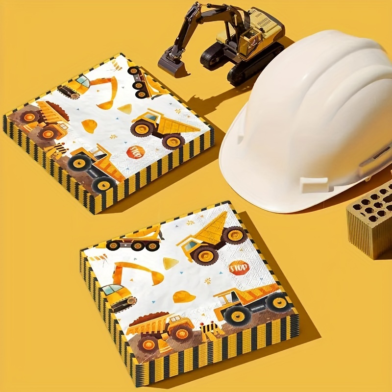 

20pcs Construction Theme Party Napkins - White Tractor & Design, 2-ply Disposable Paper Towels For Birthday Celebrations