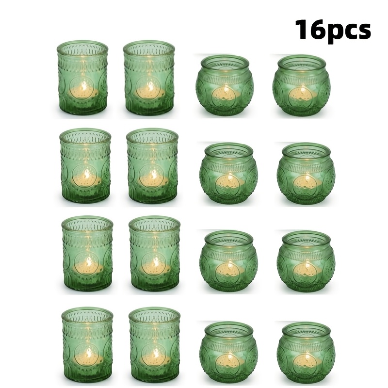 TEMU 16pcs Green Sunflower Carved Glass Candlestick Set Multifunctional Vintage Tea Candle Holder, Suitable For Weddings, Romantic Dates,