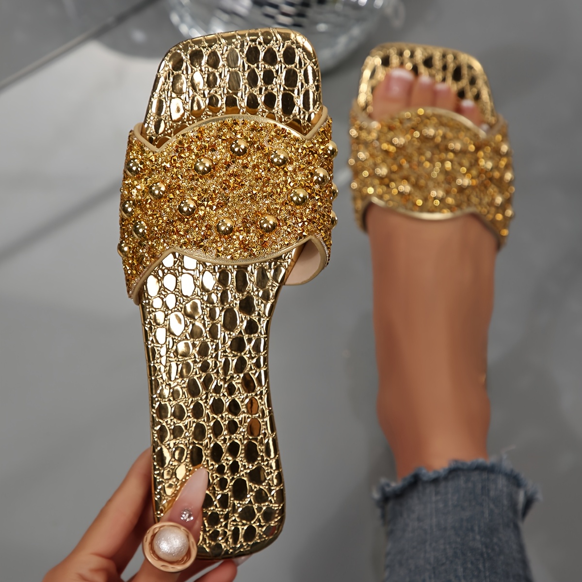 TEMU Mules plates pour femme à strass dorés, et , et élégantes, chaussures pour femme