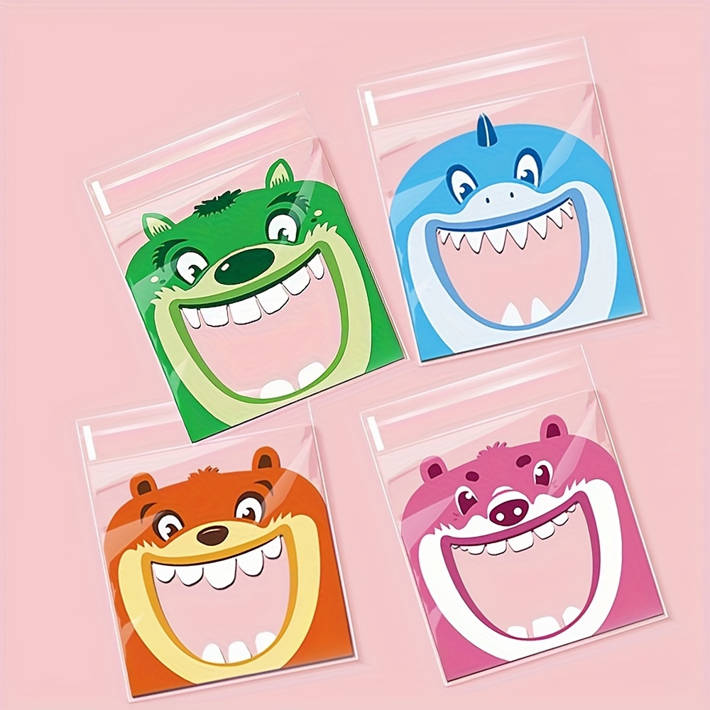 

100pcs, Cartoon Big Mouth Self-adhesive Plastic Bags For Cookies, Snacks, Mooncakes, Cute Animal Design Candy Packaging Bags