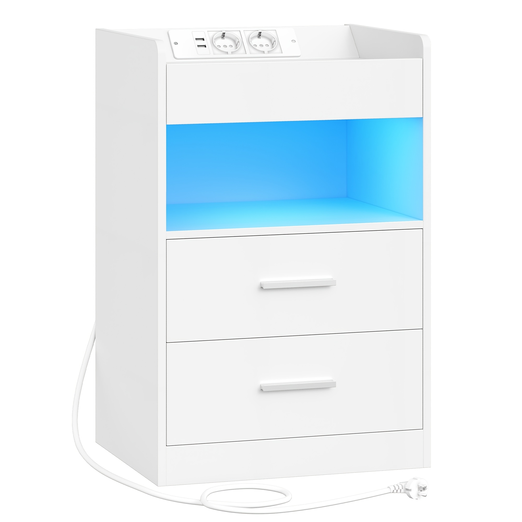 Nightstand With A Tray, Side Table With Power Outlets And Led Lights, Featuring 2 Drawers, Suitable For Living Room Or Bedroom, Dimensions 35 X 40 Cm