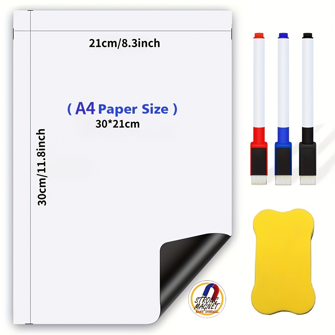 TEMU 1 blanc magnétique effaçable à sec et 3 marqueurs magnétiques pour blanc et 1 effaceur magnétique - Ensemble de 5 pièces pour réfrigérateur,