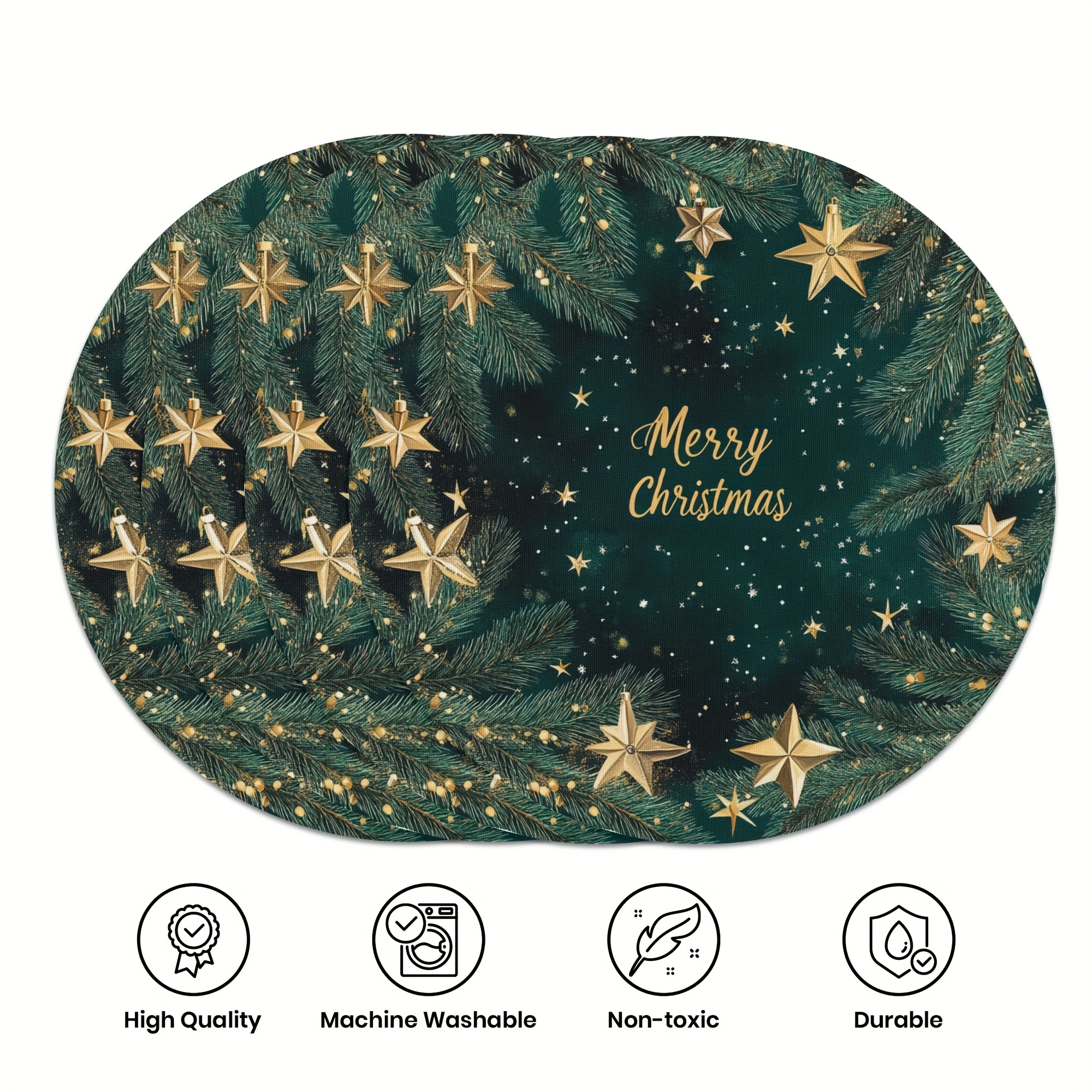 4pcs Set, Christmas Tree Snowflake Gift Box Green Placemats, Christmas Tree Decoration Ball Table Mats, 15 Inches Single-sided Round, Suitable For Party Kitchen Restaurant Gatherings