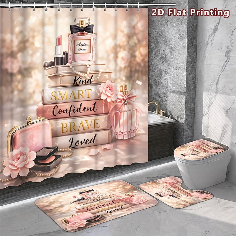 4pcs 2D Flat Beauty Shower Curtain Set with U-Shaped Toilet Lid Cover