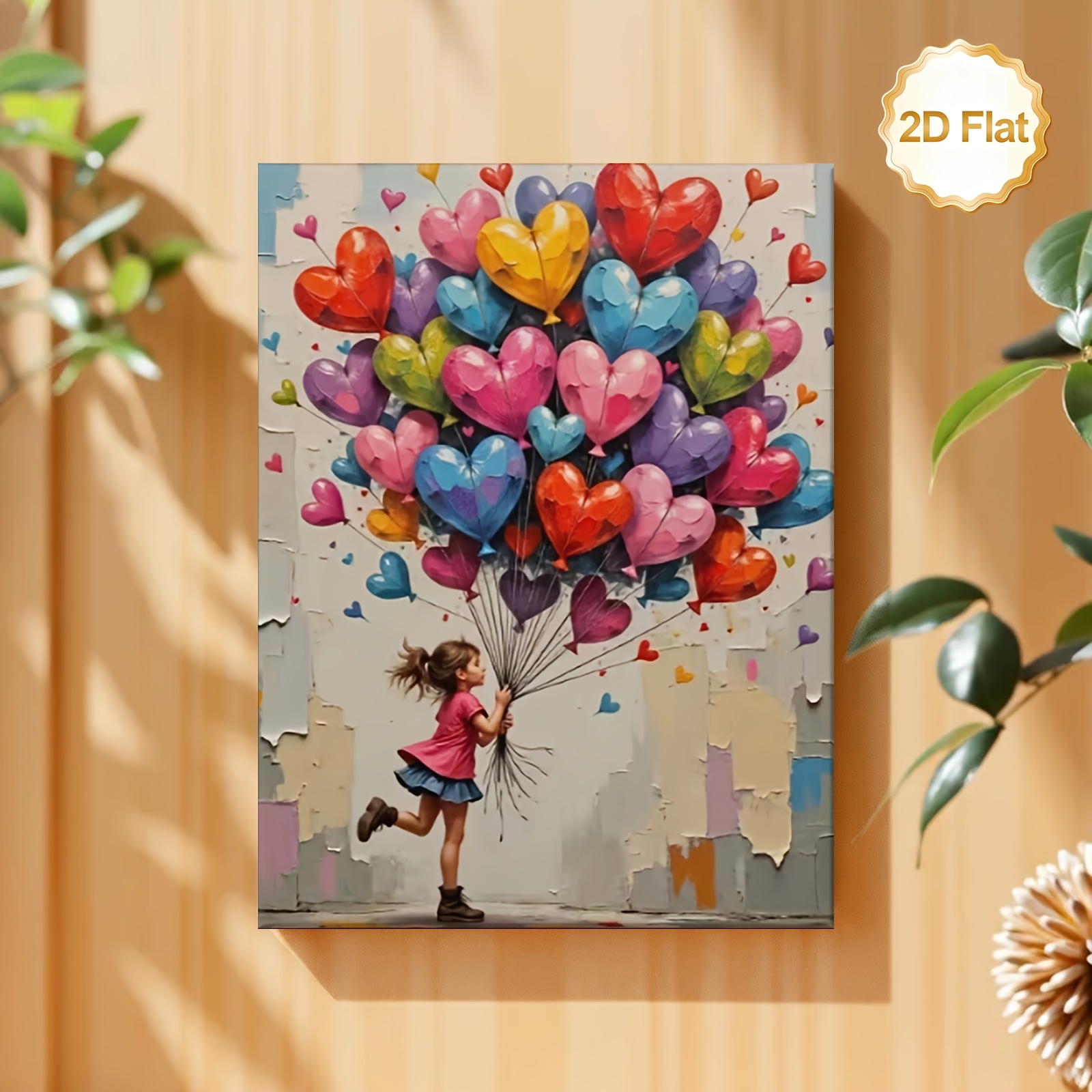 TEMU 2d Flat, 1pc Framed Canvas Wall - Girl Holding Colorful Heart Balloons, Decor Suitable For Living Room, Bedroom, Office, Room, Modern Minimalist