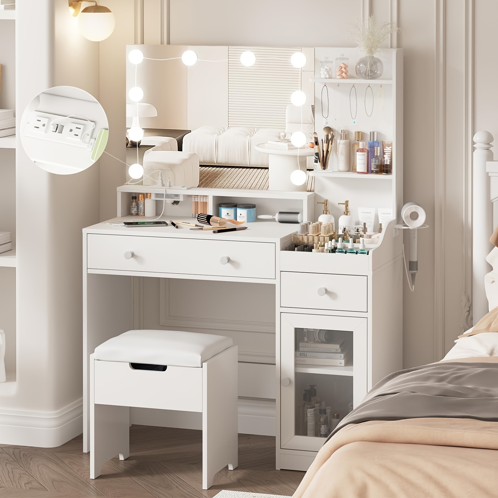 

1pc Dressing Table With Mirror And Lighting, Dressing Table With Charging Station, Cute Dressing Table Set With Comfortable Bench, Large Dressing Table With 3 Storage Compartments