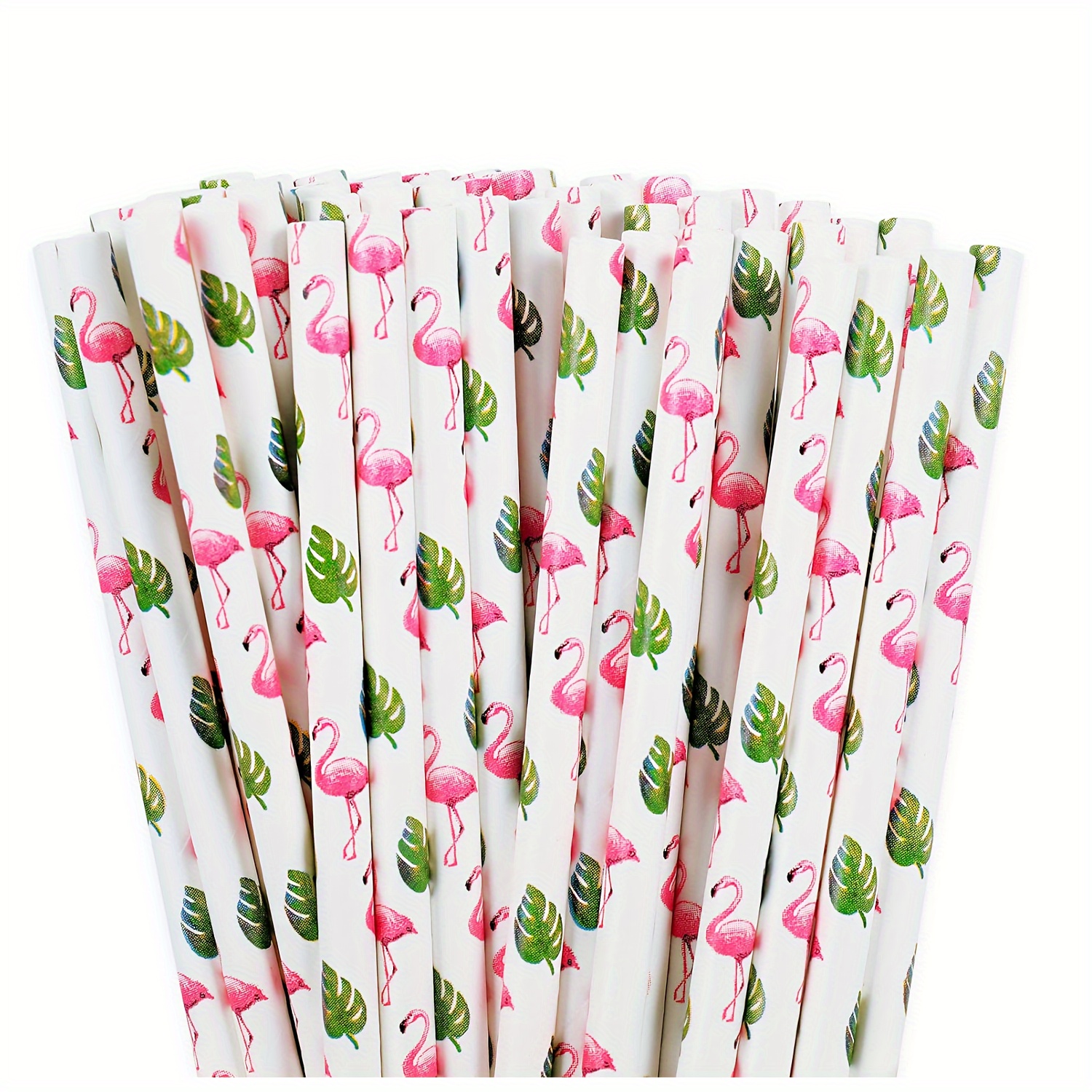 

50-pack Flamingo & Tropical Leaves Disposable Paper Straws - Perfect For Summer Parties, Baby Showers, Bbqs & Picnics