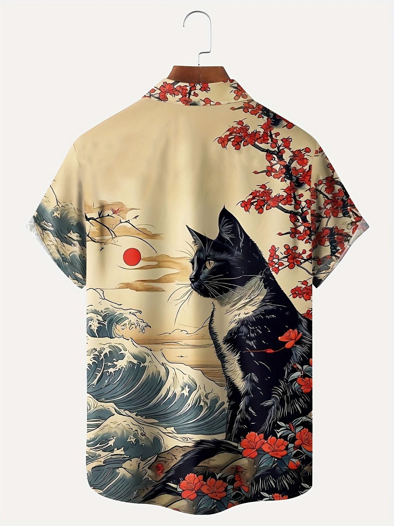 men's japanese e cherry cat print short sleeve - Temu