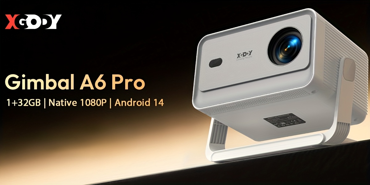 XGODY Android 14 Проектор, Нативен 1080P & Поддръжка на 8K, Gimbal A6Pro, 650ANSI Яркост, Автофокус и Корекция на Кейстоун, Три Режима на Яркост (Стандартен/Висока Яркост/Защита на Очите), Домашно Кино Видео Проектор за Открито, Подаръци за Свети Валентин, Рожден Ден, Ден на Майката, Ден на Бащата