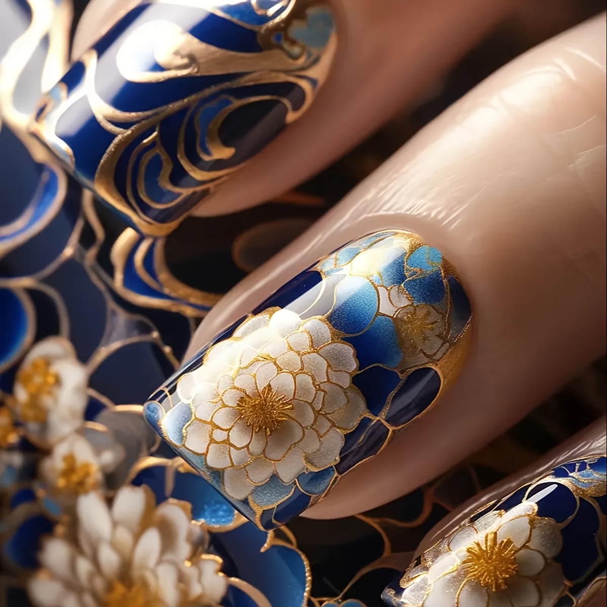 

Ensemble de 24 ongles pressés de couleur mélangée avec , design floral de style chinois, carrée moyenne, de la gelée et à ongles, fournitures d'art des ongles