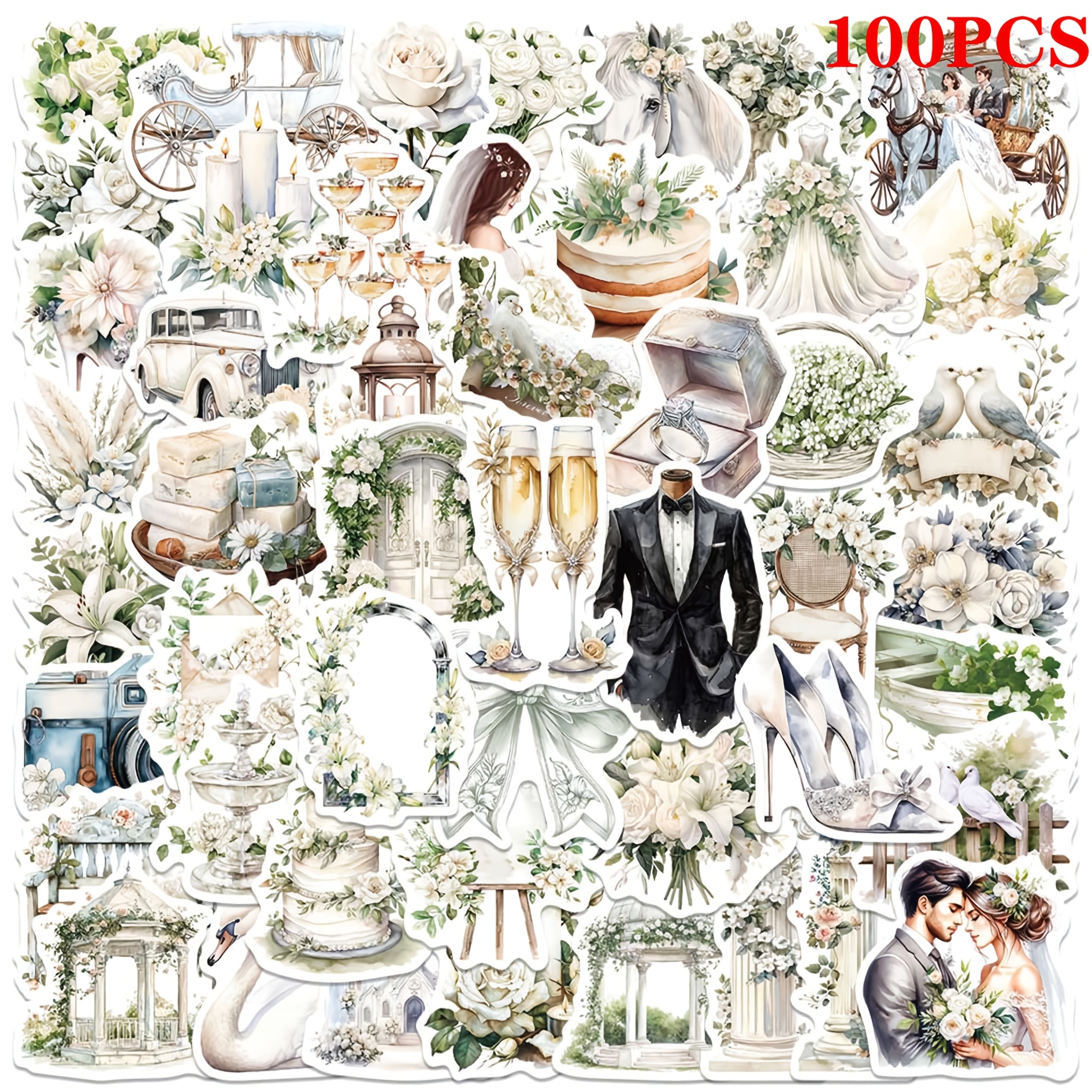 Image of 50/100pcs Vintage Floral White Wedding Stickers, Creative Diy Decals, Perfect For Decorating Phones, Laptops, Water Bottles And More